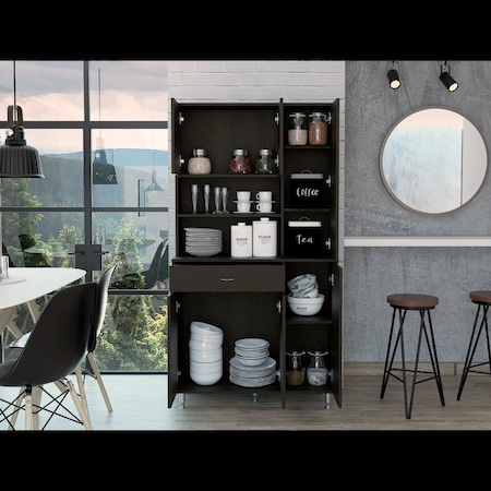 Tuhome Della 90 Kitchen Pantry, One Drawer, Multiple Cabinets, Two Open Shelves, Black ALW5615